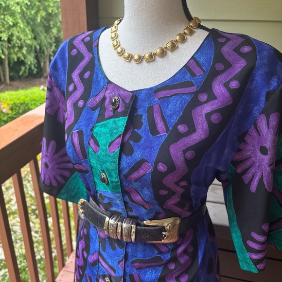 VTG Josephine Purple and Green Patterned Mini Tunic Dress. Size M. - Picture 4 of 8